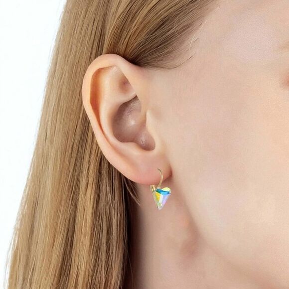 14K Yellow Gold with Iridescent AB Austrian Crystal Heart Leverback Earrings - Picture 4 of 5